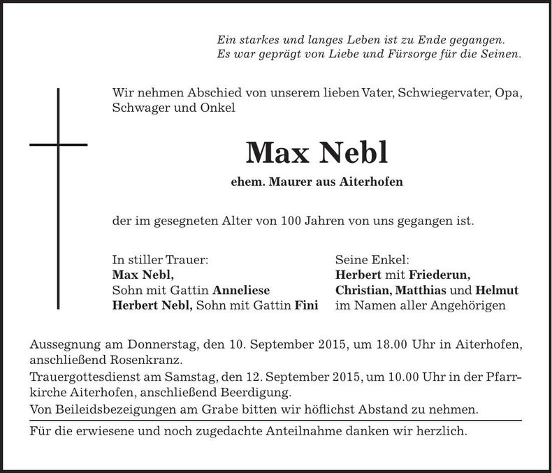 Traueranzeige Max Nebl