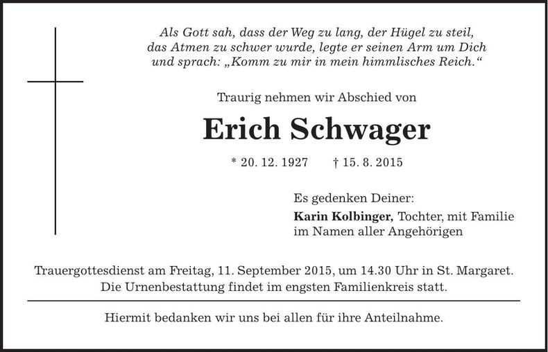 Traueranzeige Erich Schwager