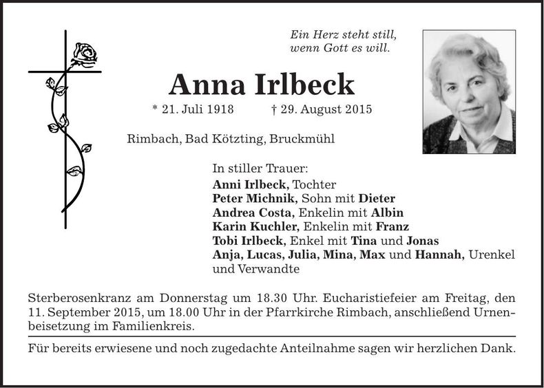 Traueranzeige Anna Irlbeck