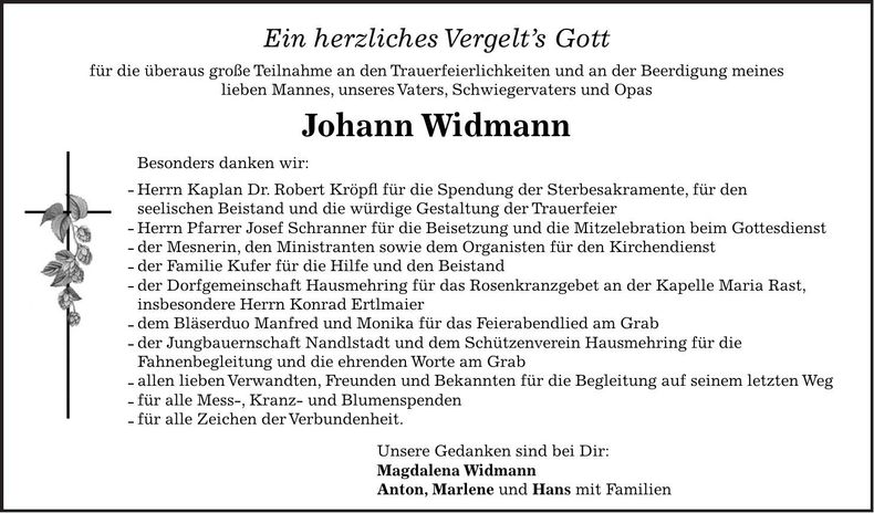 Traueranzeige Johann Widmann