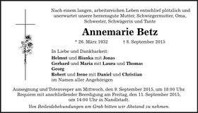Traueranzeige Annemarie Betz