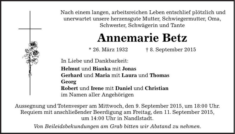 Traueranzeige Annemarie Betz