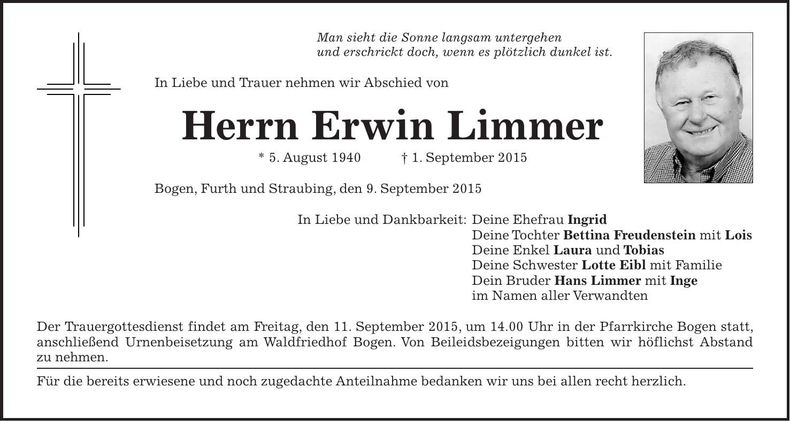Traueranzeige Erwin Limmer