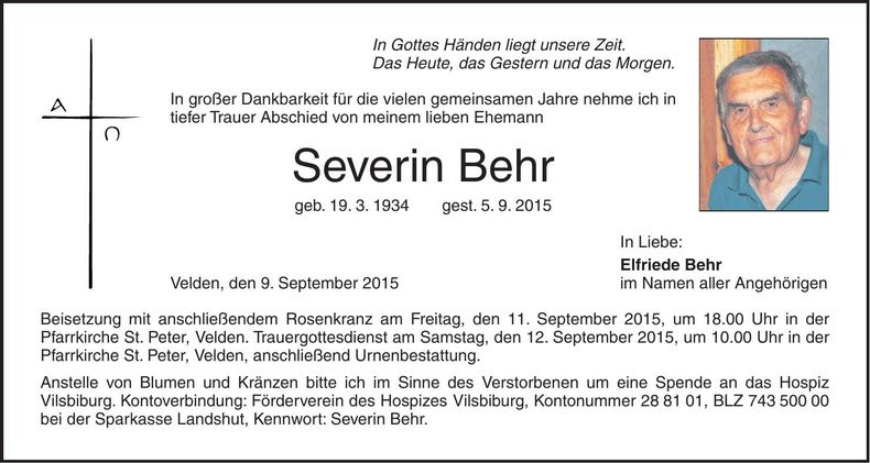 Traueranzeige Severin Behr