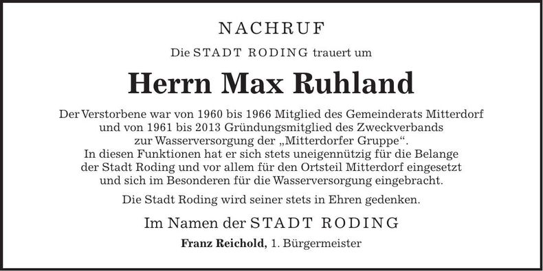 Traueranzeige Max Ruhland
