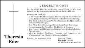 Traueranzeige Theresia Eder