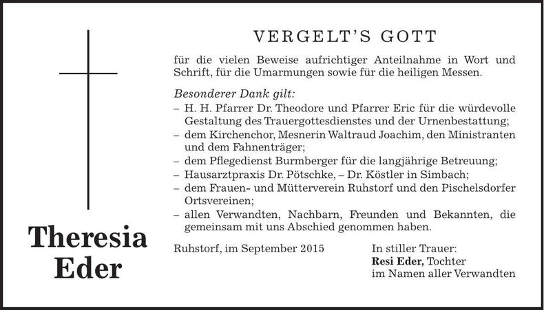 Traueranzeige Theresia Eder