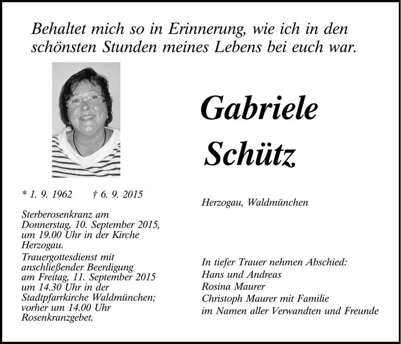 Traueranzeige Gabriele Schütz