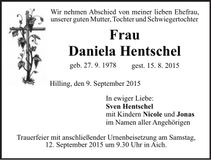 Traueranzeige Daniela Hentschel