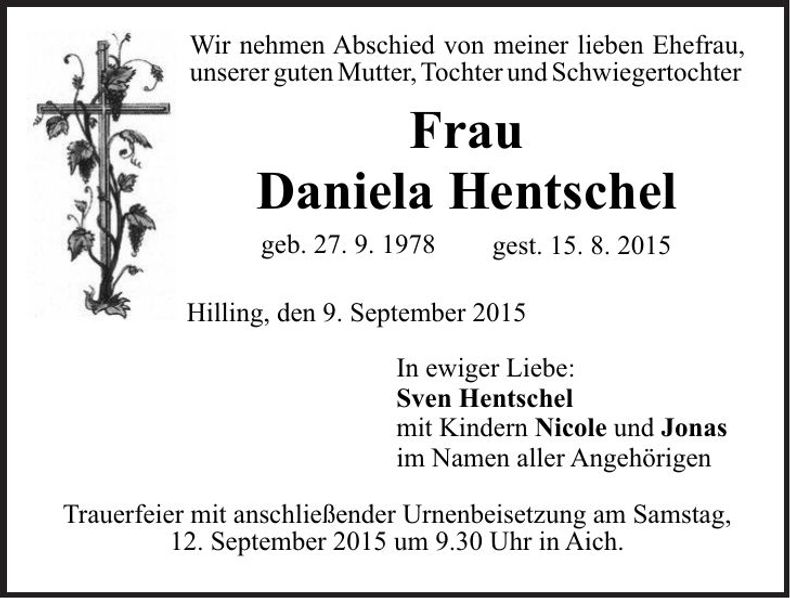 Traueranzeige Daniela Hentschel