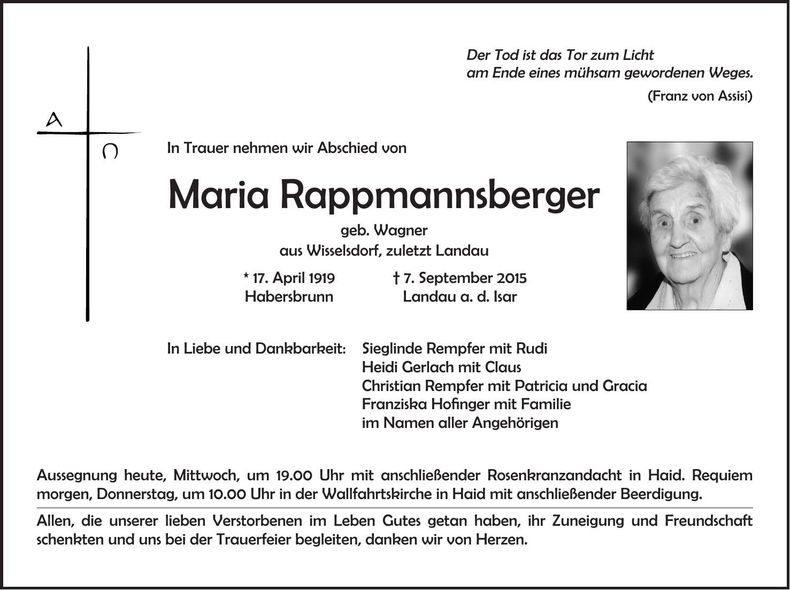 Traueranzeige Maria Rappmannsberger