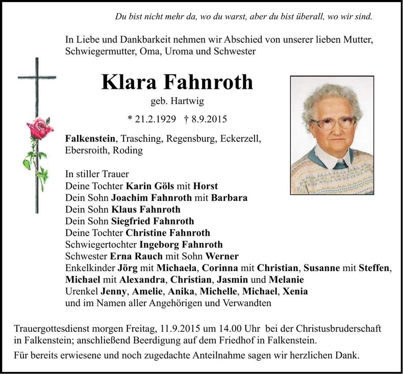 Traueranzeige Klara Fahnroth