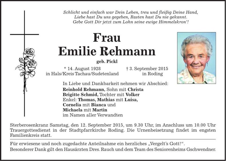 Traueranzeige Emilie Rehmann