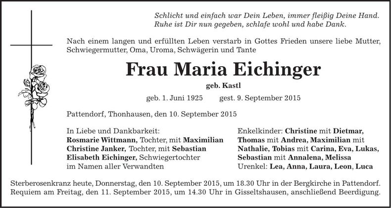 Traueranzeige Maria Eichinger