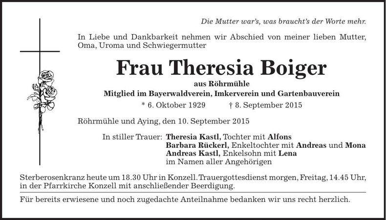 Traueranzeige Theresia Boiger