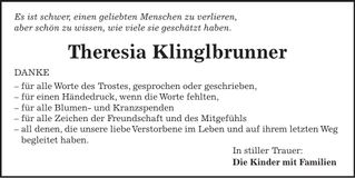 Traueranzeige Theresia Klinglbrunner