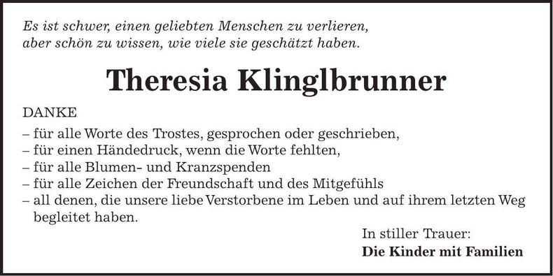Traueranzeige Theresia Klinglbrunner