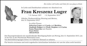 Traueranzeige Kreszenz Luger