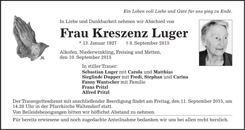 Traueranzeige Kreszenz Luger