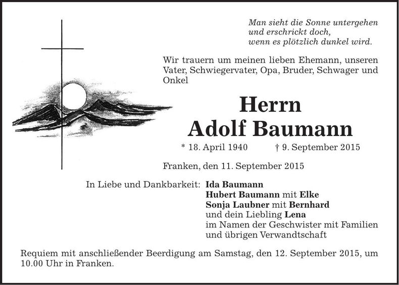 Traueranzeige Adolf Baumann