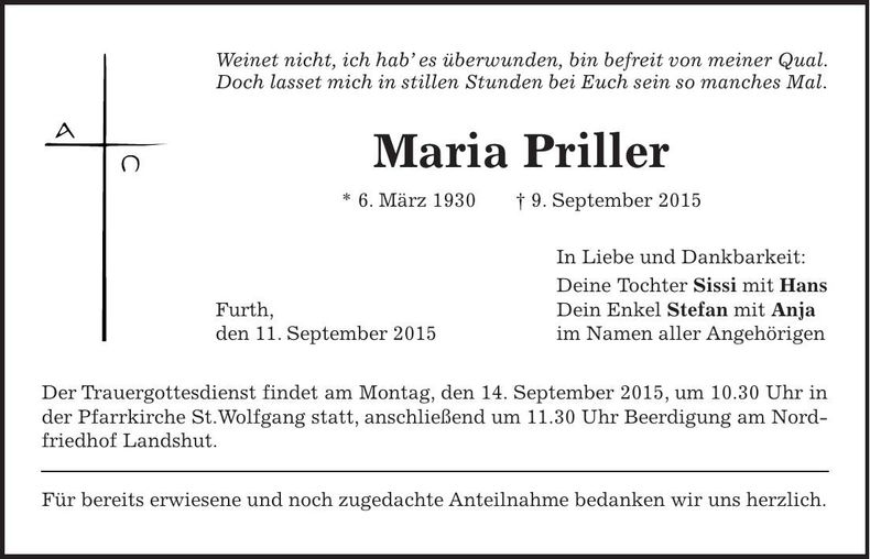Traueranzeige Maria Priller