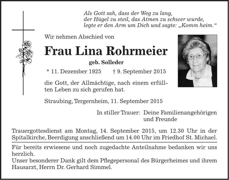 Traueranzeige Lina Rohrmeier