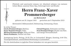 Traueranzeige Franz-Xaver Prommersberger