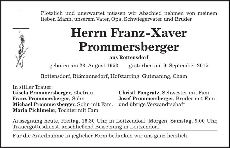 Traueranzeige Franz-Xaver Prommersberger