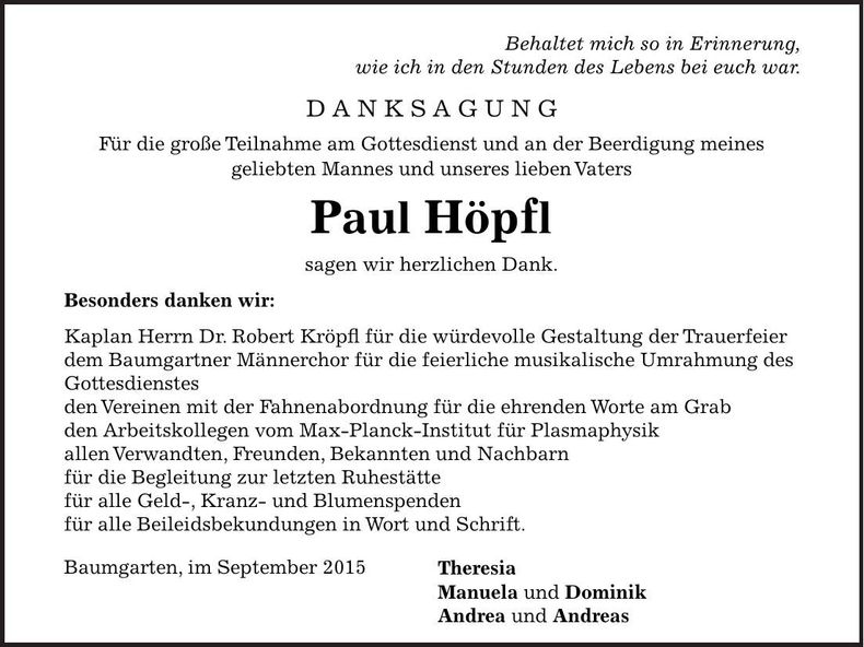 Traueranzeige Paul Höpfl