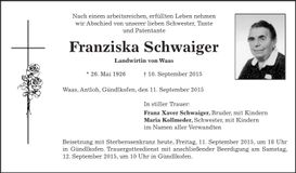 Traueranzeige Franziska Schwaiger