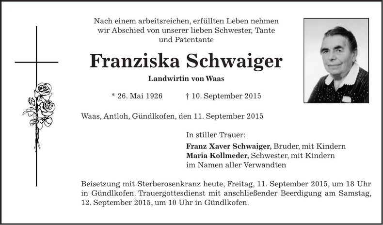 Traueranzeige Franziska Schwaiger