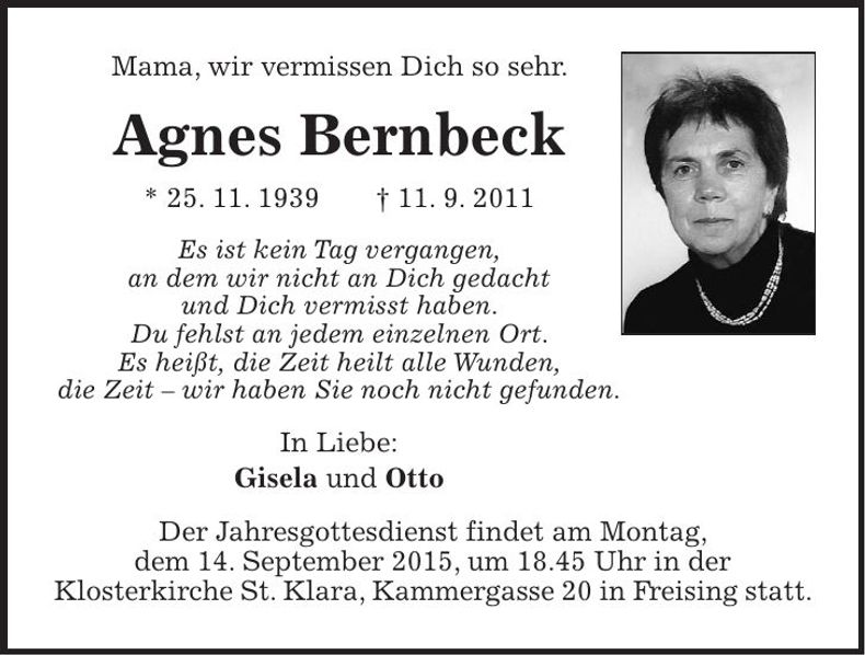 Traueranzeige Agnes Bernbeck