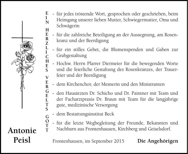 Traueranzeige Antonie Peisl