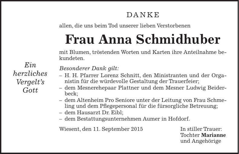 Traueranzeige Anna Schmidhuber