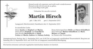Traueranzeige Martin Hirsch