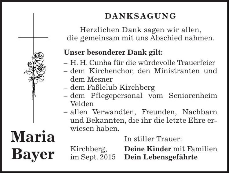 Traueranzeige Maria Bayer