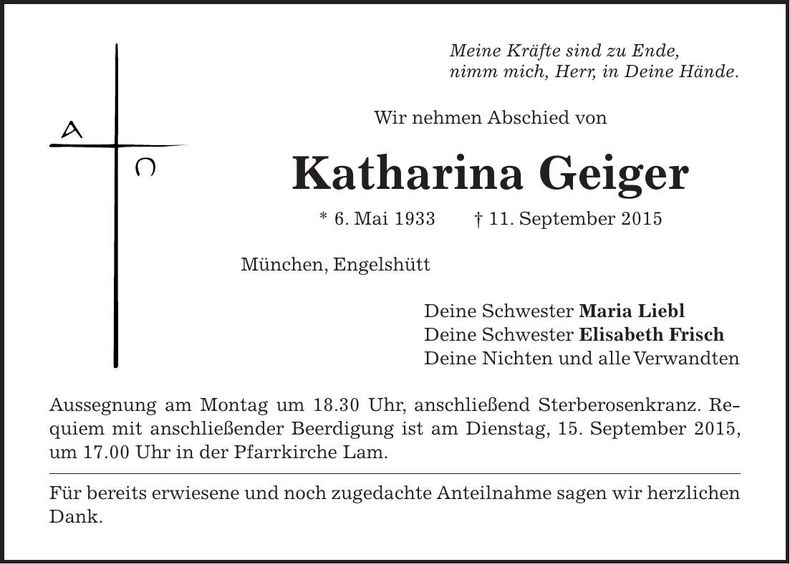 Traueranzeige Katharina Geiger