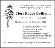Traueranzeige Rocco Bolljahn