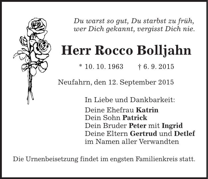 Traueranzeige Rocco Bolljahn