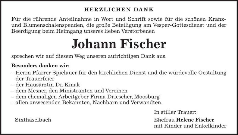 Traueranzeige Johann Fischer