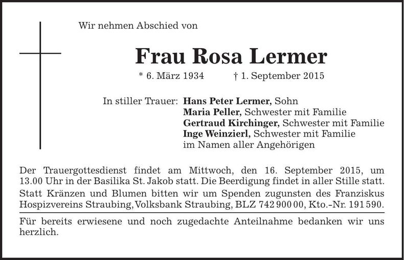 Traueranzeige Rosa Lermer