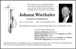 Traueranzeige Johann Wiethaler