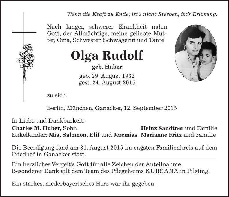 Traueranzeige Olga Rudolf