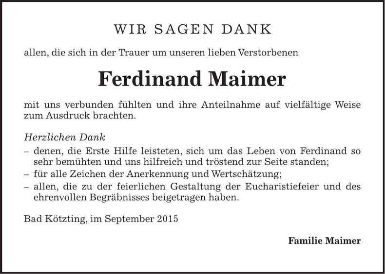 Traueranzeige Ferdinand Maimer