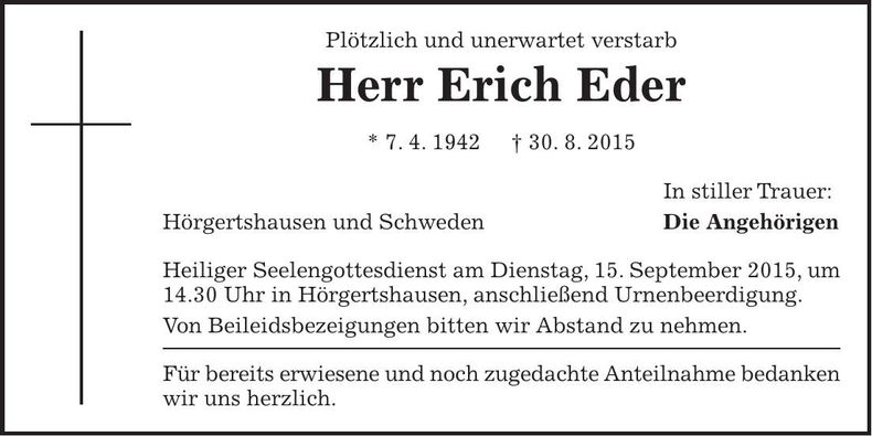 Traueranzeige Erich Eder
