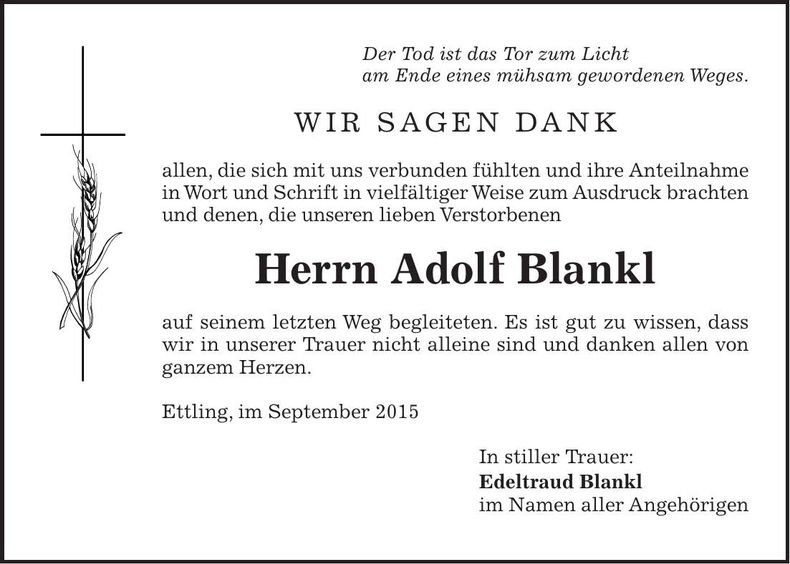 Traueranzeige Adolf Blankl