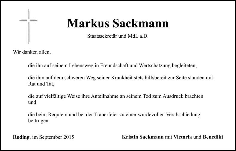 Traueranzeige Markus Sackmann