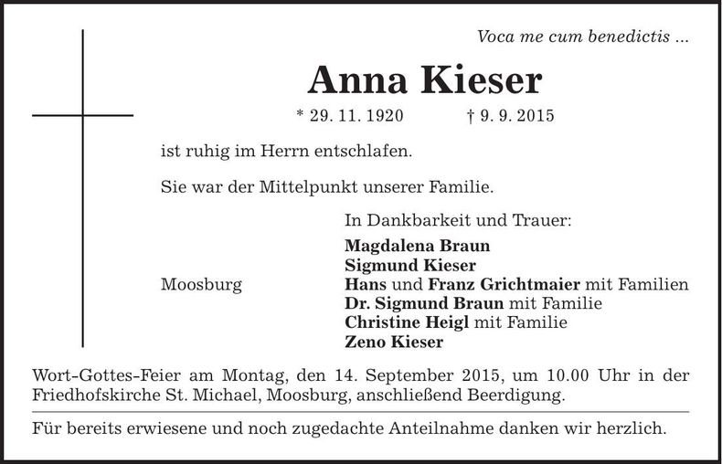 Traueranzeige Anna Kieser