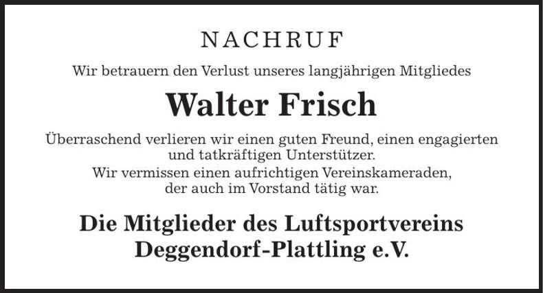 Traueranzeige Walter Frisch