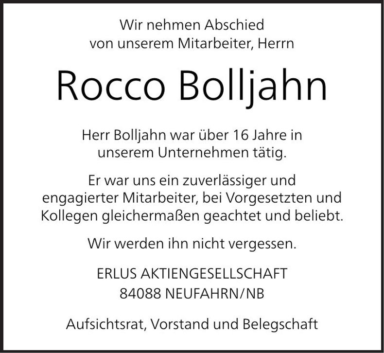 Traueranzeige Rocco Bolljahn